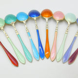 Set of Ten Scandinavian Sterling Silver Rainbow Guilloche Enamel Teaspoons c1920