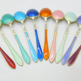 Set of Ten Scandinavian Sterling Silver Rainbow Guilloche Enamel Teaspoons c1920