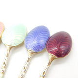 Set of Ten Scandinavian Sterling Silver Rainbow Guilloche Enamel Teaspoons c1920