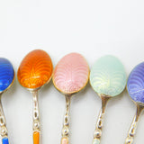 Set of Ten Scandinavian Sterling Silver Rainbow Guilloche Enamel Teaspoons c1920
