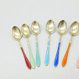 Set of Ten Scandinavian Sterling Silver Rainbow Guilloche Enamel Teaspoons c1920