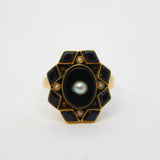 Victorian Yellow Gold, Whitby Jet & Pearl Set Mourning Ring Antique c1860