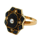 Victorian Yellow Gold, Whitby Jet & Pearl Set Mourning Ring Antique c1860
