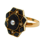 Victorian Yellow Gold, Whitby Jet & Pearl Set Mourning Ring Antique c1860