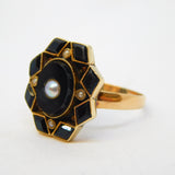 Victorian Yellow Gold, Whitby Jet & Pearl Set Mourning Ring Antique c1860