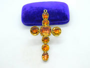 Victorian 15ct Yellow Gold Faceted Citrine Large Cross Pendant Antique c1840