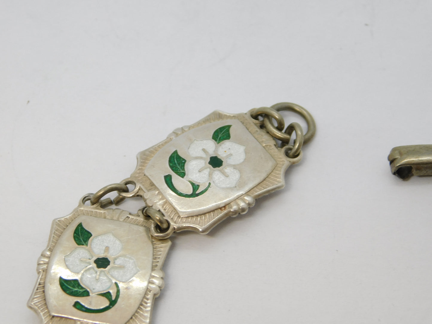 Sterling Silver Guilloche Enamel Floral Sweetheart Bracelet Antique c1920 Deco