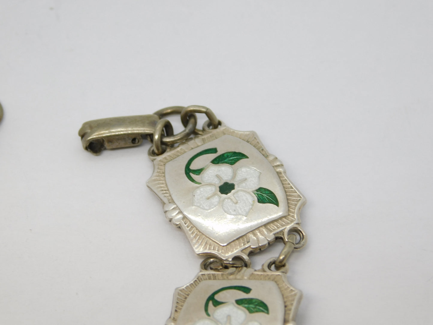 Sterling Silver Guilloche Enamel Floral Sweetheart Bracelet Antique c1920 Deco