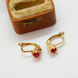 10ct Yellow Gold Ruby Paste Set Clip Earrings Vintage c1990