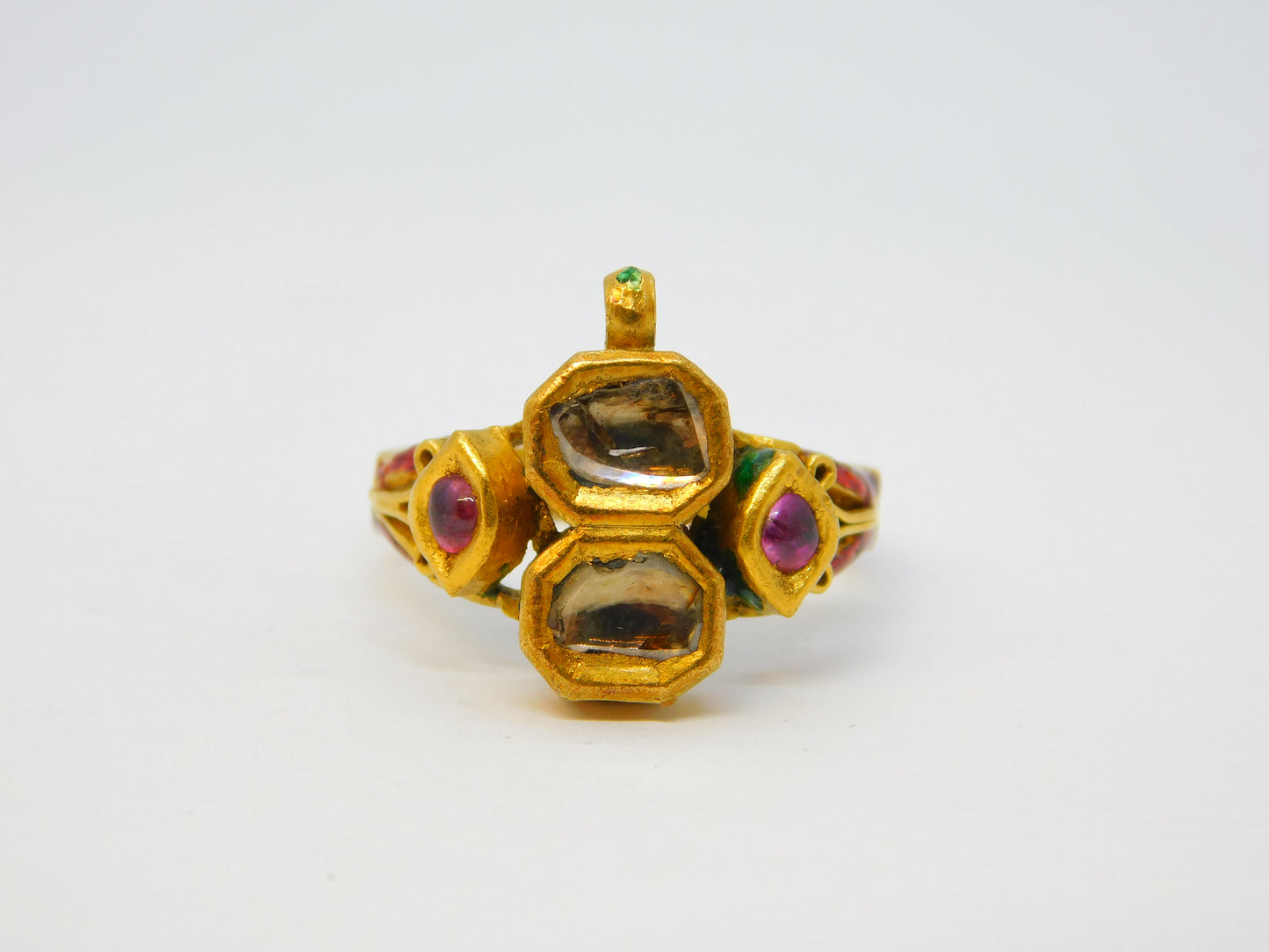 18th Century Mughal Gold, Diamond, Ruby & Enamel Dress Ring Antique Indian