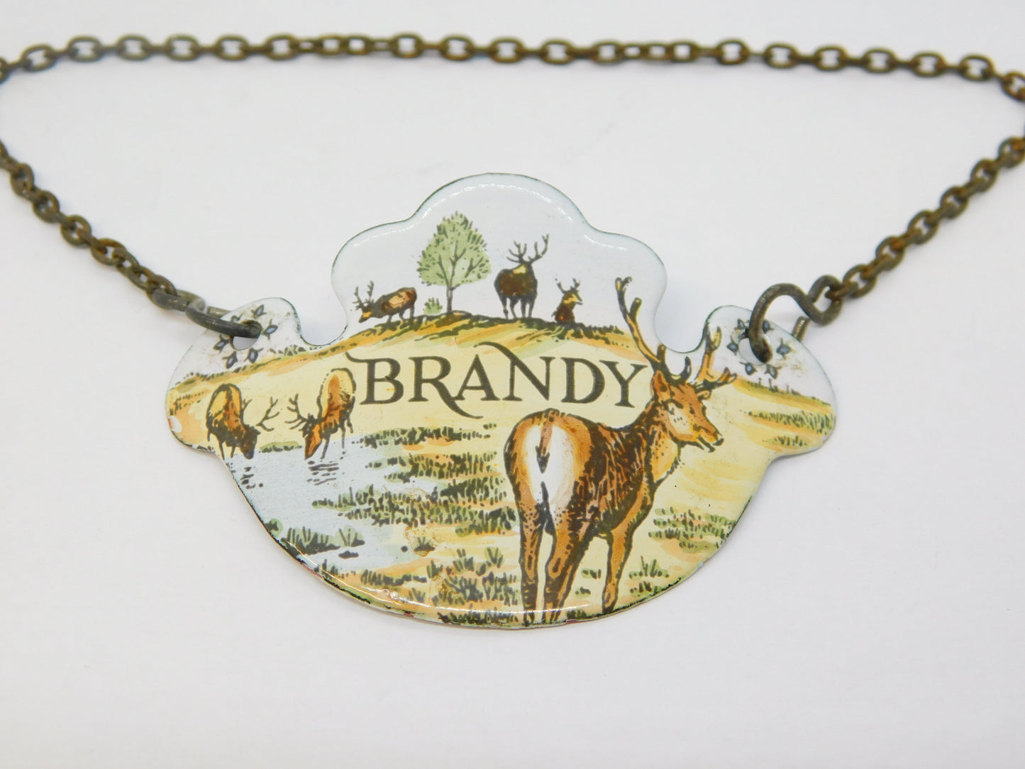 20th Century Bilston Enamel Watering Stag Brandy Decanter Label Antique c1900