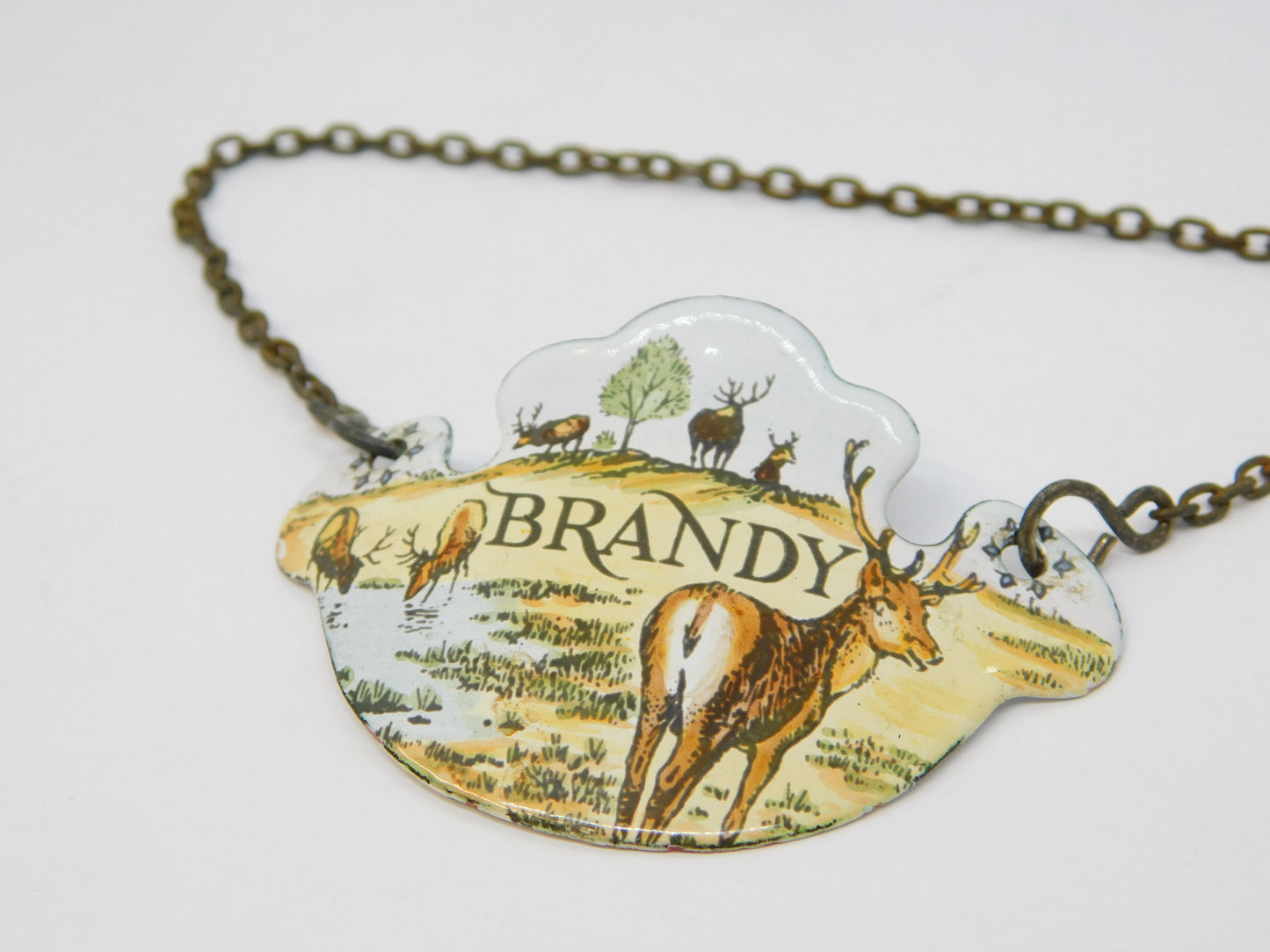 20th Century Bilston Enamel Watering Stag Brandy Decanter Label Antique c1900