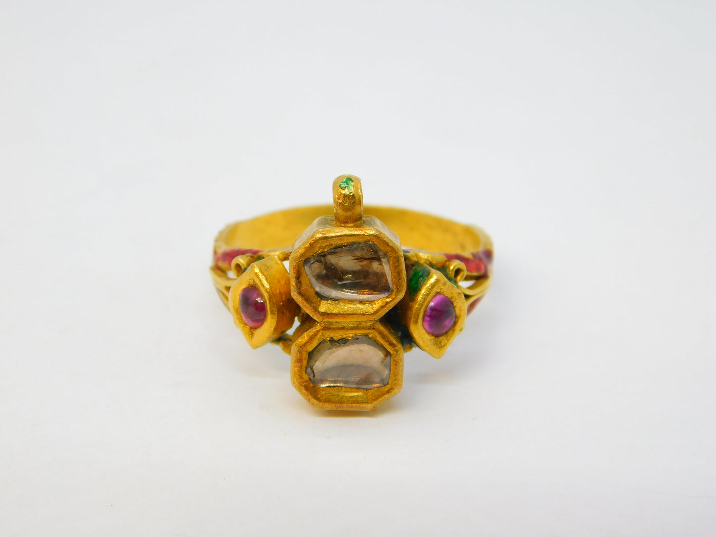18th Century Mughal Gold, Diamond, Ruby & Enamel Dress Ring Antique Indian