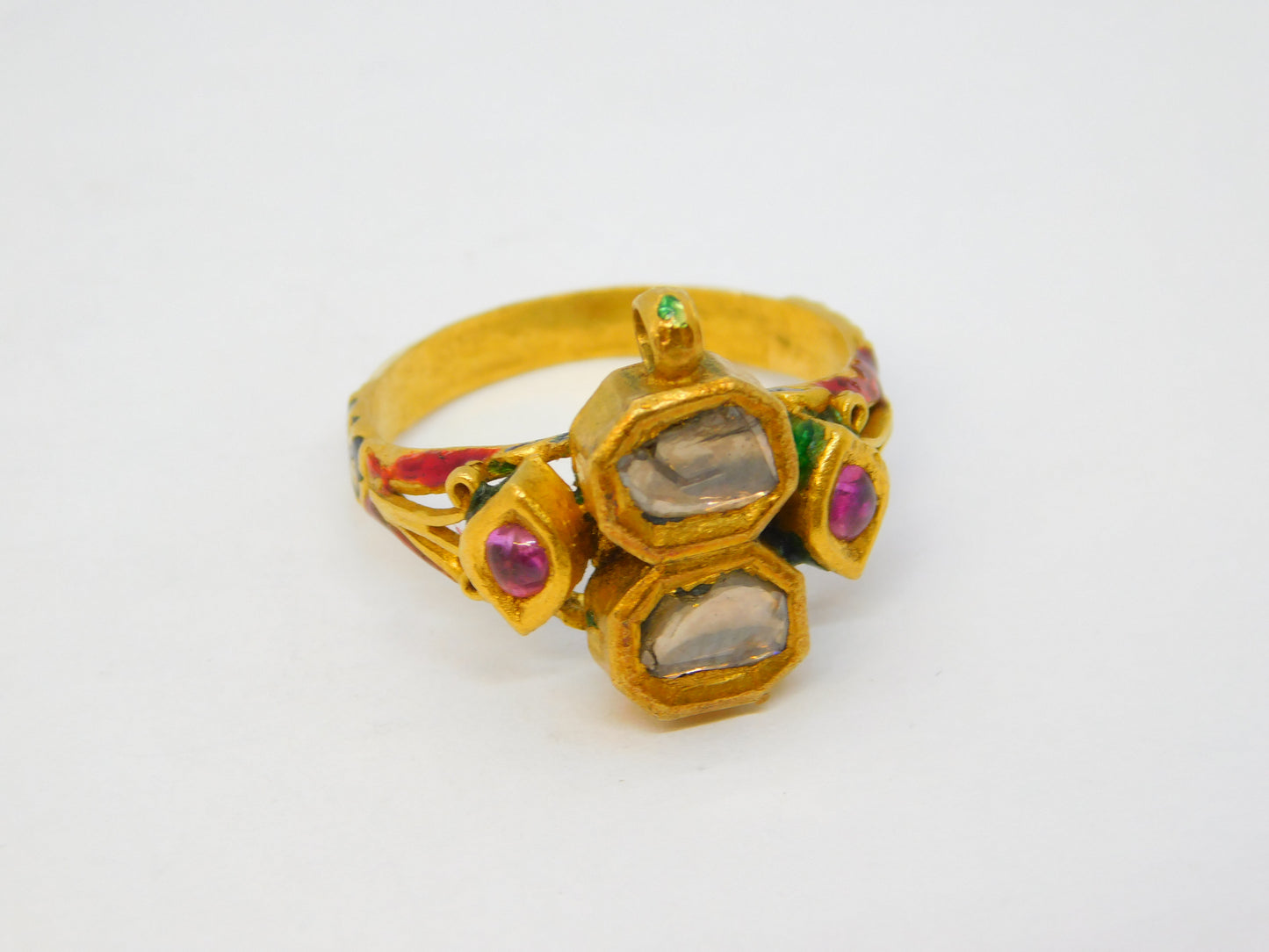 18th Century Mughal Gold, Diamond, Ruby & Enamel Dress Ring Antique Indian