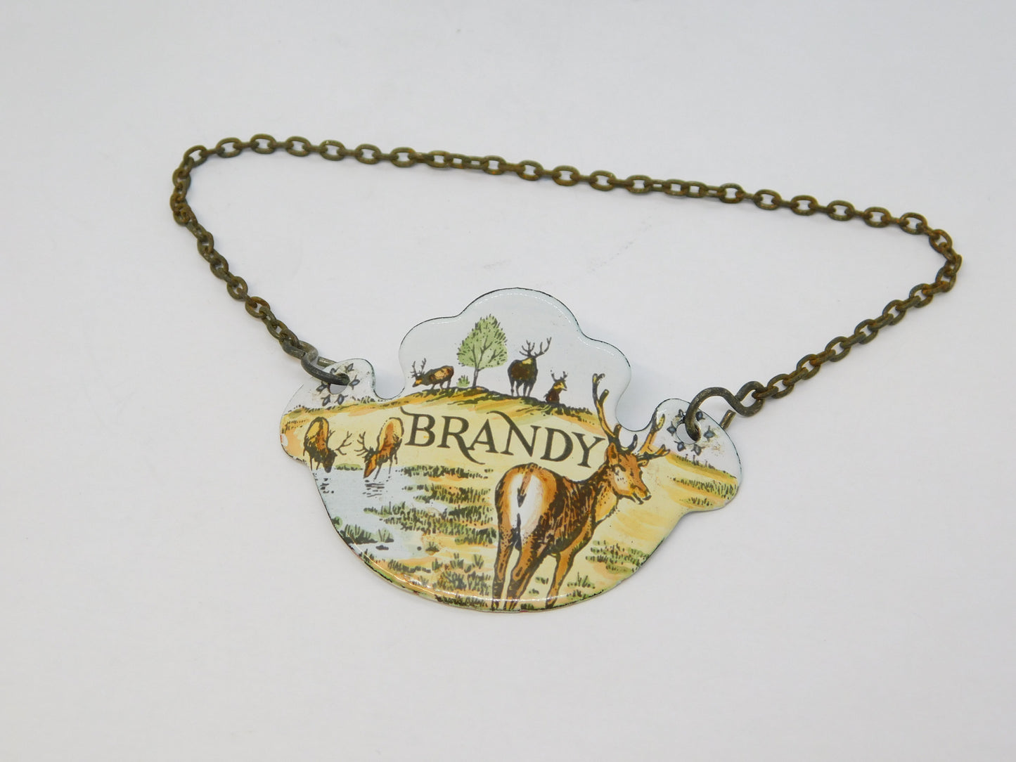 20th Century Bilston Enamel Watering Stag Brandy Decanter Label Antique c1900
