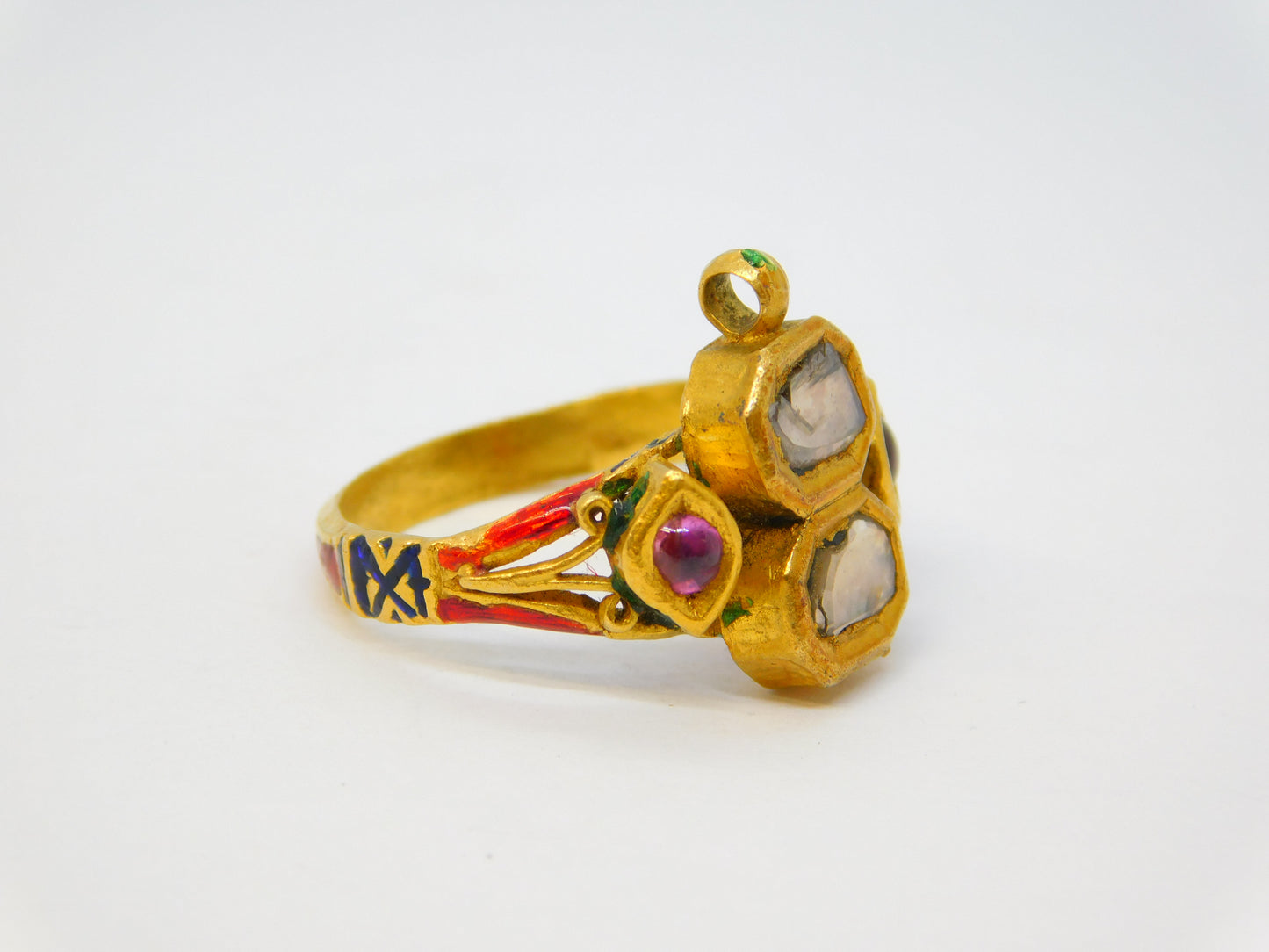 18th Century Mughal Gold, Diamond, Ruby & Enamel Dress Ring Antique Indian