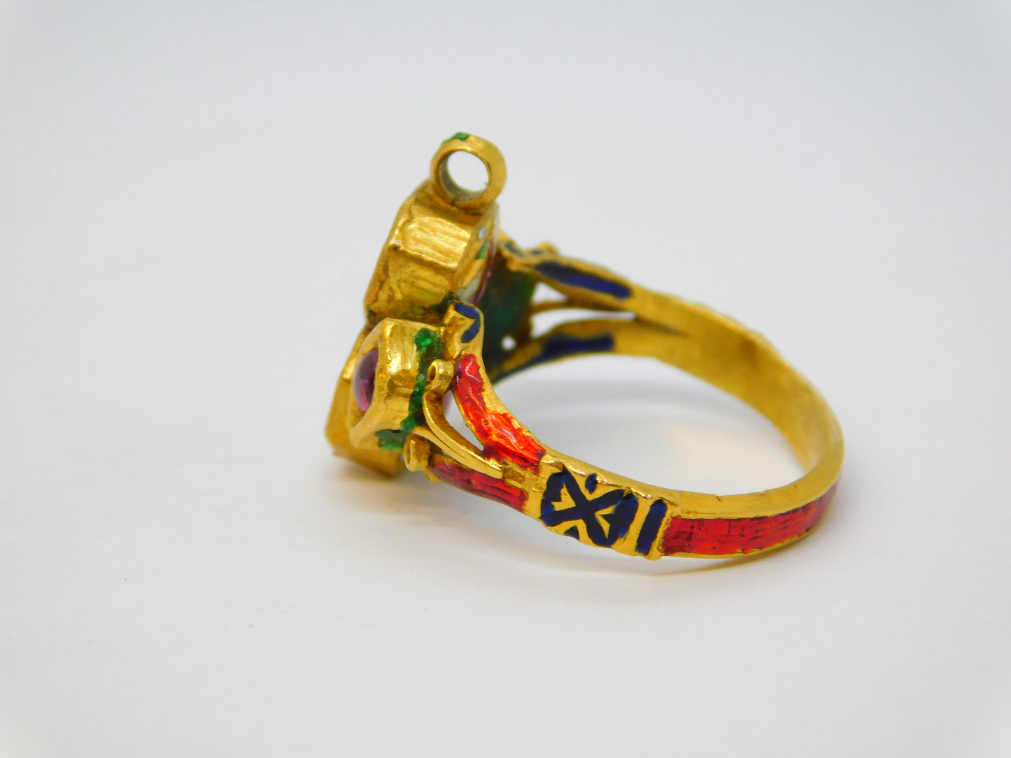18th Century Mughal Gold, Diamond, Ruby & Enamel Dress Ring Antique Indian