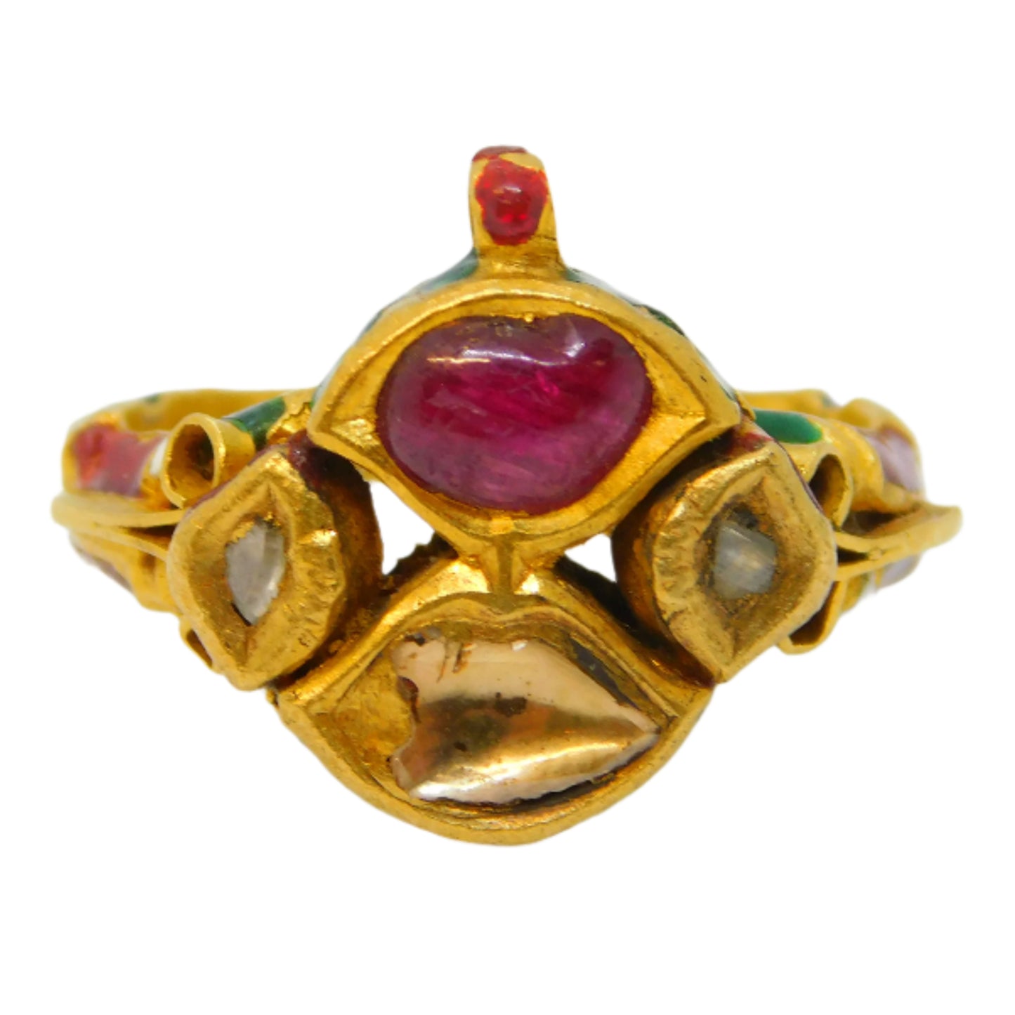 Gold ring with a red gemstone on a white background