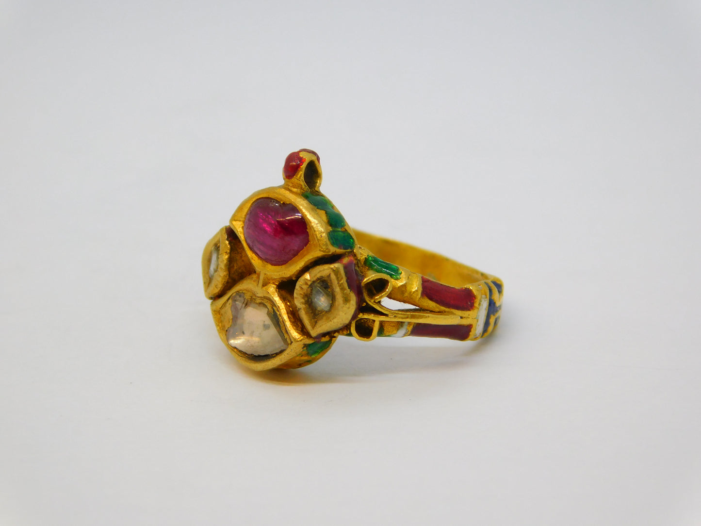18th Century Mughal High-Carat Gold, Diamond, Ruby & Enamel Ring Antique Indian