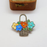 Sterling Silver Guilloche Enamel Flower Basket Brooch Antique c1930 Art Deco