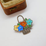Sterling Silver Guilloche Enamel Flower Basket Brooch Antique c1930 Art Deco