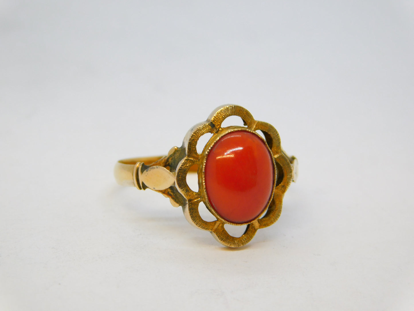 19th Century 14ct Yellow Gold Cabochon Coral Floral Dress Ring Antique c1900