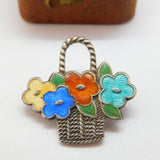 Sterling Silver Guilloche Enamel Flower Basket Brooch Antique c1930 Art Deco