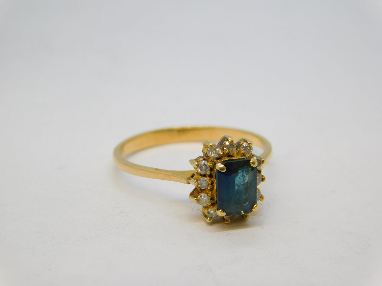14ct Yellow Gold, 0.5ct Emerald Cut Sapphire & Diamond Engagement Ring Vintage c1970