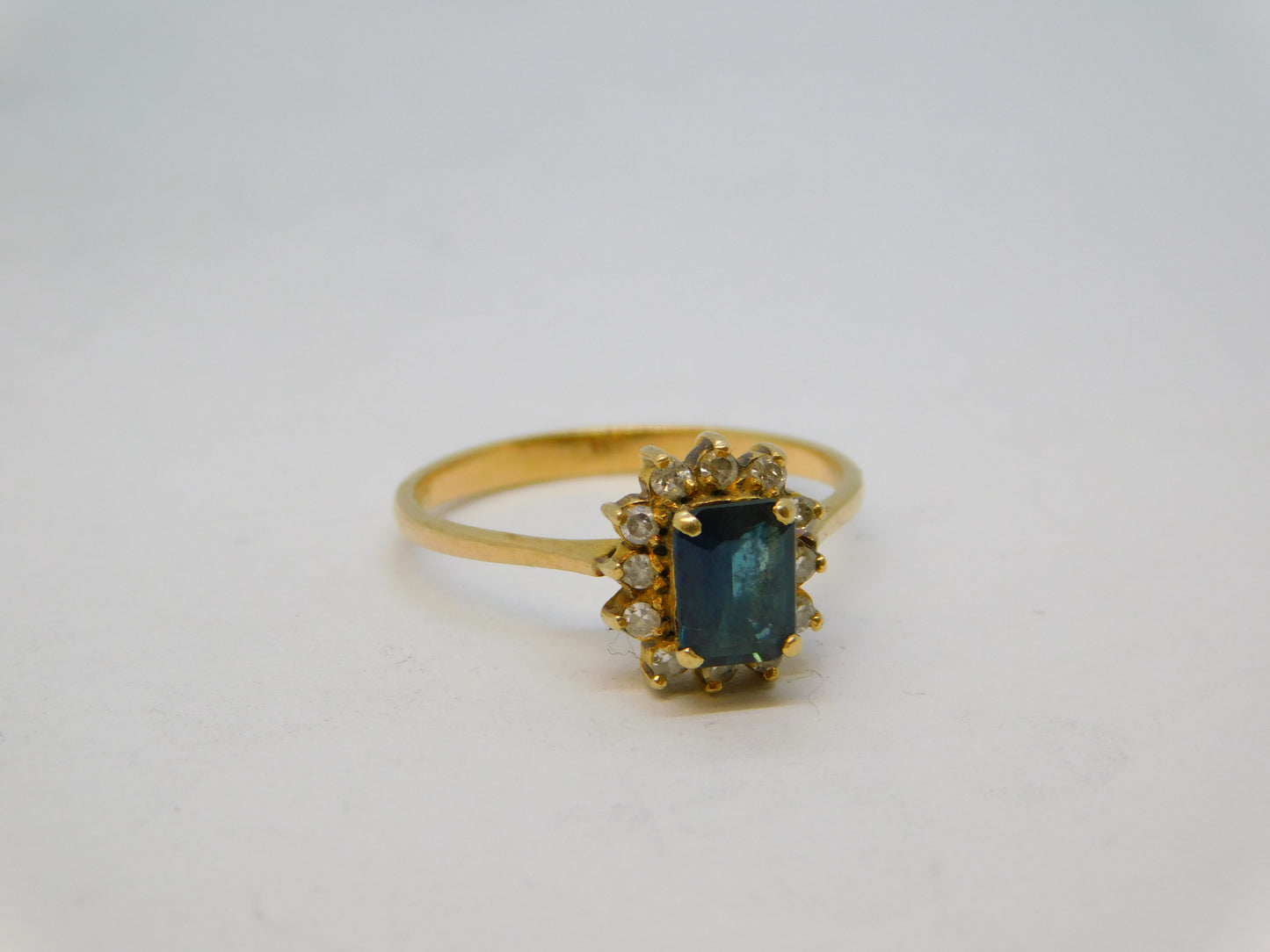 14ct Yellow Gold, 0.5ct Emerald Cut Sapphire & Diamond Engagement Ring Vintage c1970
