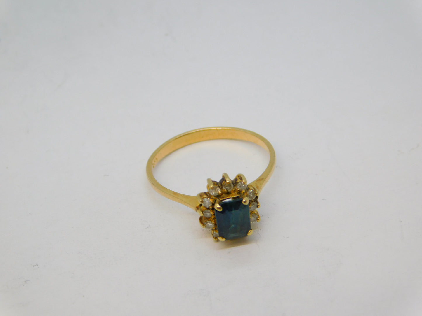 14ct Yellow Gold, 0.5ct Emerald Cut Sapphire & Diamond Engagement Ring Vintage c1970