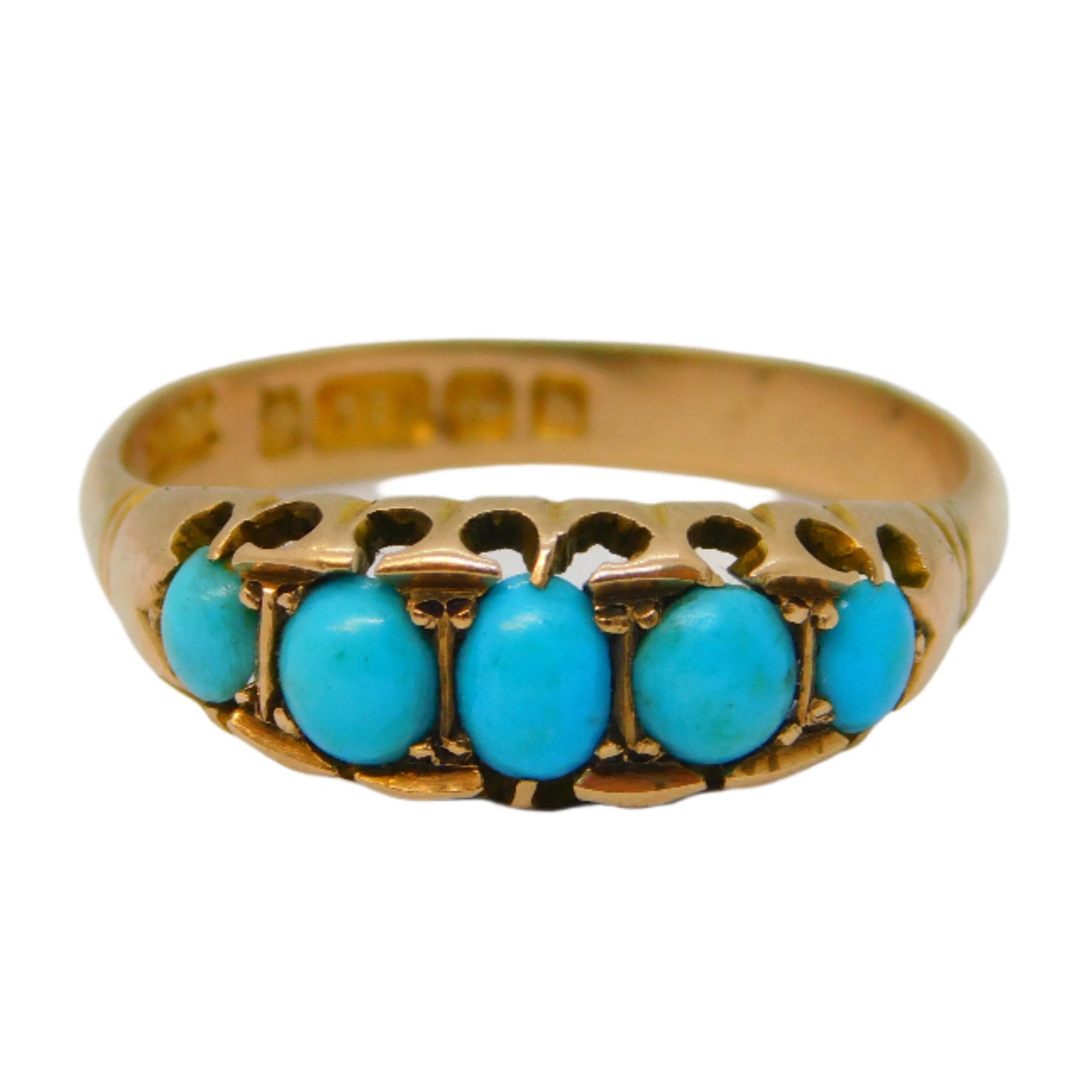 Edwardian 9ct Gold Graduating Turquoise Boat Ring Antique 1907 Birmingham