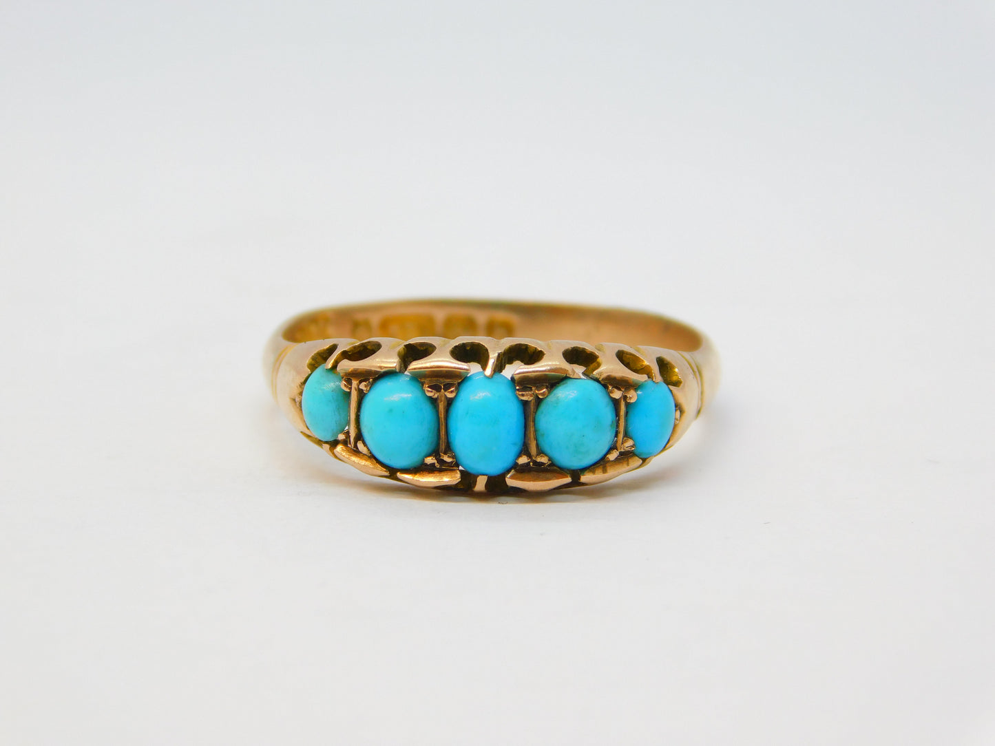 Edwardian 9ct Gold Graduating Turquoise Boat Ring Antique 1907 Birmingham