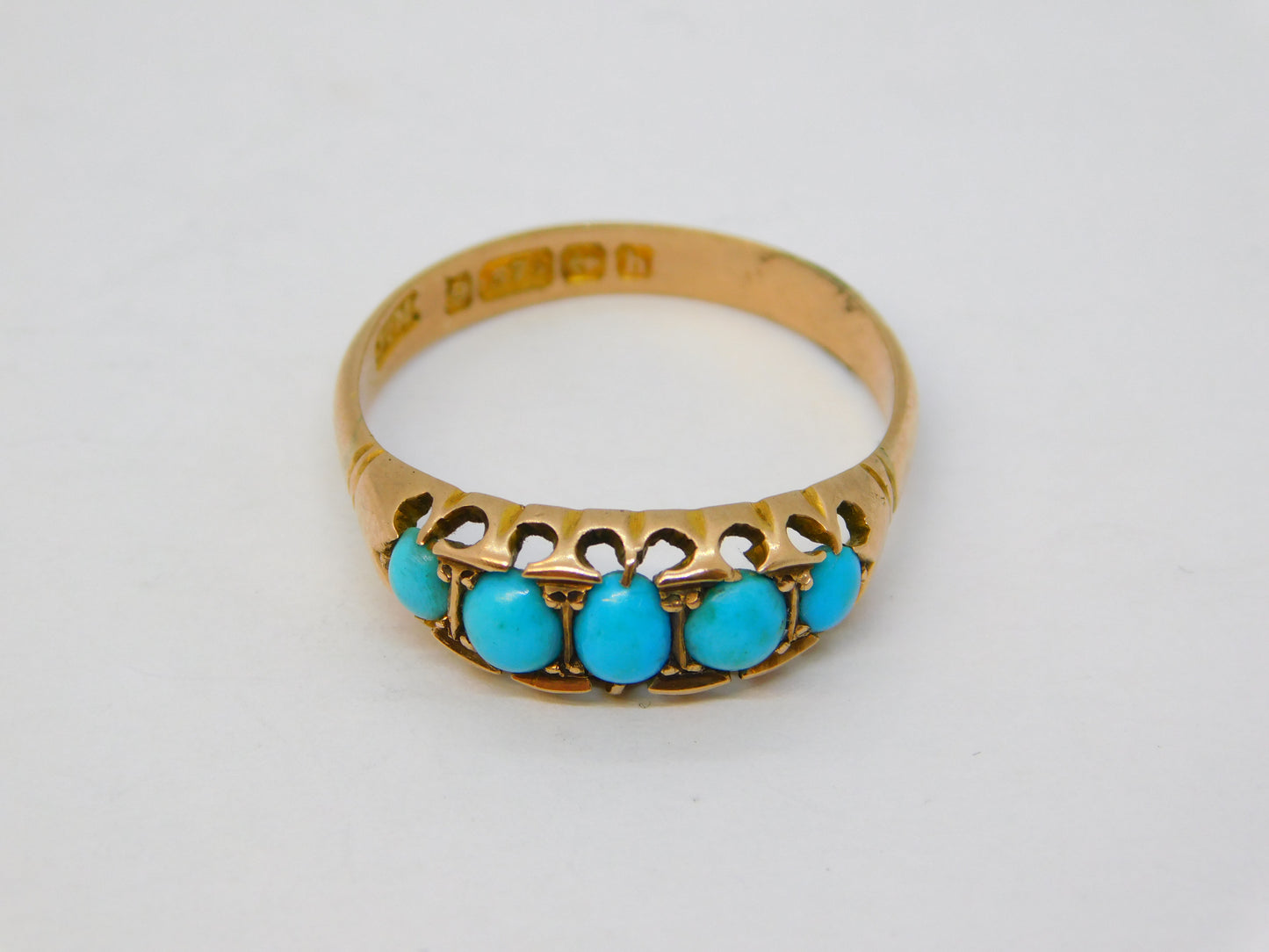 Edwardian 9ct Gold Graduating Turquoise Boat Ring Antique 1907 Birmingham