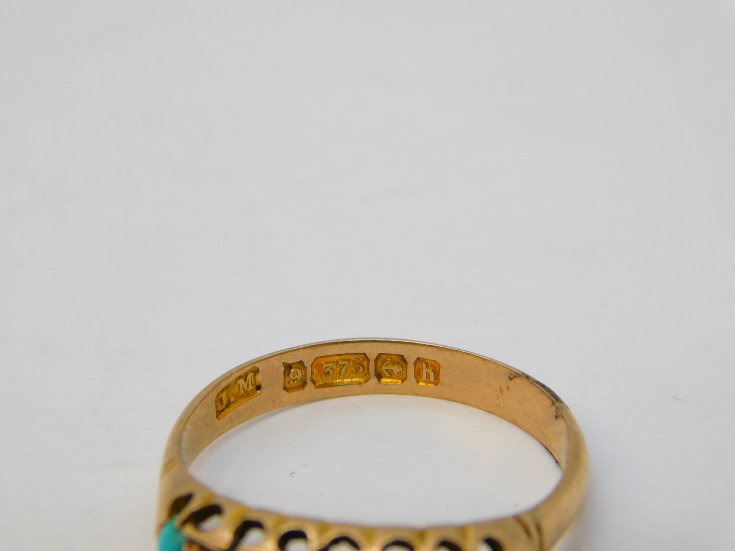 Edwardian 9ct Gold Graduating Turquoise Boat Ring Antique 1907 Birmingham