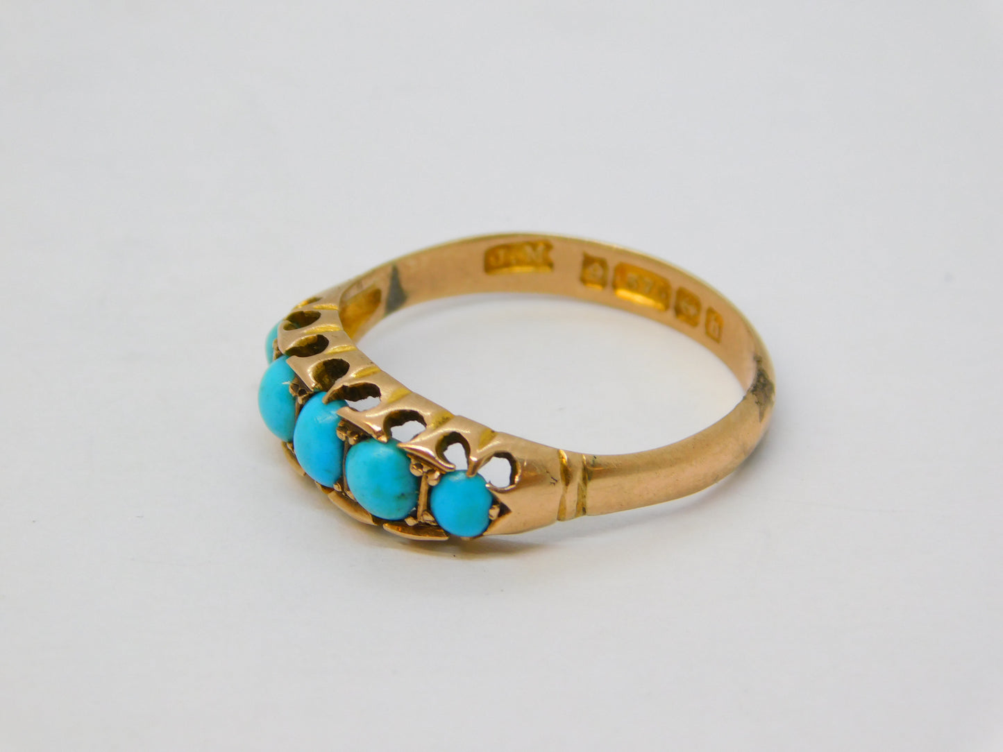 Edwardian 9ct Gold Graduating Turquoise Boat Ring Antique 1907 Birmingham
