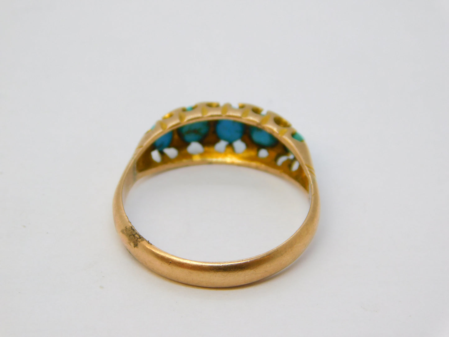 Edwardian 9ct Gold Graduating Turquoise Boat Ring Antique 1907 Birmingham