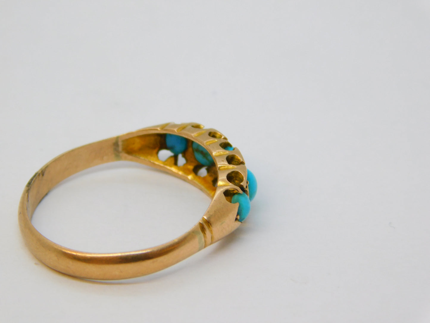 Edwardian 9ct Gold Graduating Turquoise Boat Ring Antique 1907 Birmingham