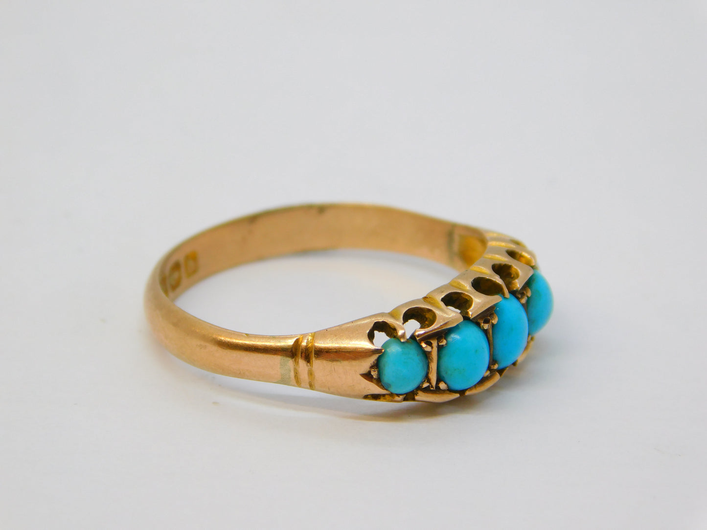Edwardian 9ct Gold Graduating Turquoise Boat Ring Antique 1907 Birmingham