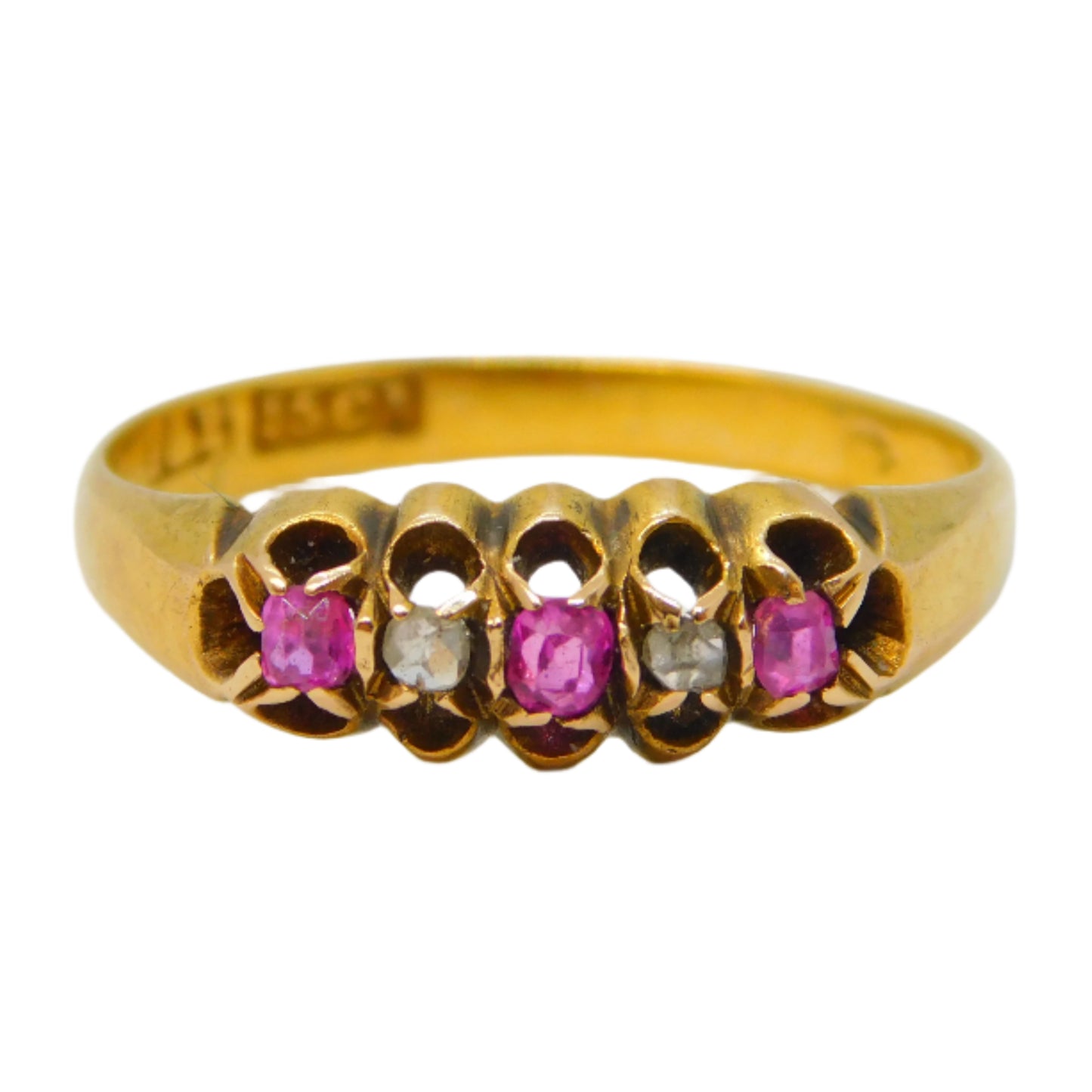 Victorian 15ct Gold, Diamond, Ruby Graduating Boat Ring Antique c1890