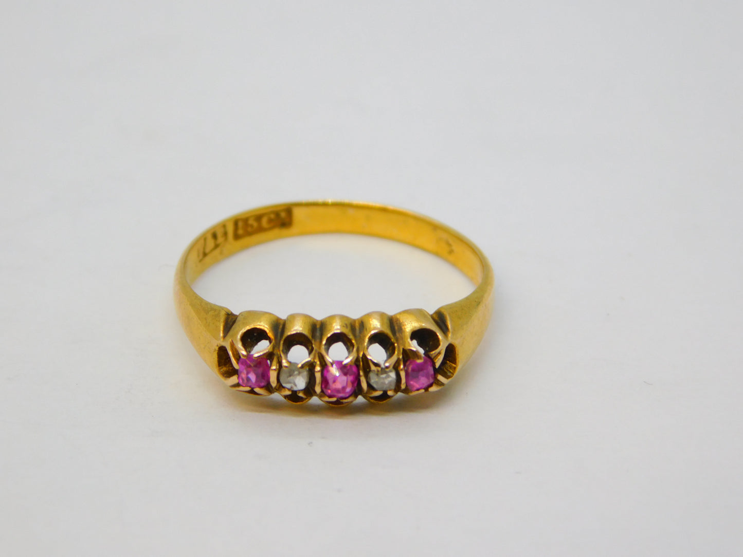 Victorian 15ct Gold, Diamond, Ruby Graduating Boat Ring Antique c1890