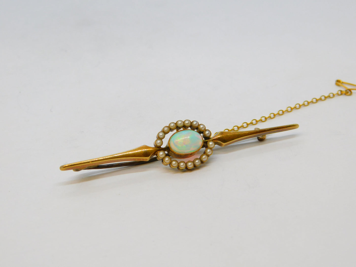 Edwardian 15ct Yellow Gold, Cabochon White Opal & Pearl Brooch Antique c1910