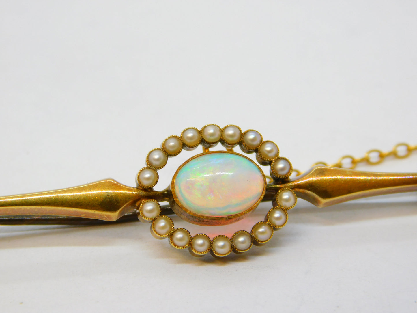 Edwardian 15ct Yellow Gold, Cabochon White Opal & Pearl Brooch Antique c1910
