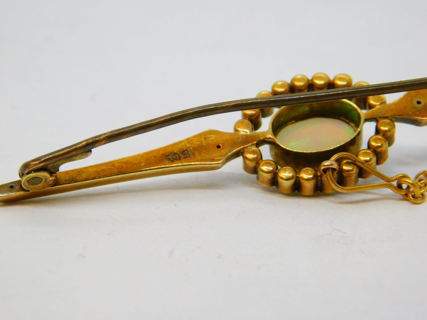 Edwardian 15ct Yellow Gold, Cabochon White Opal & Pearl Brooch Antique c1910