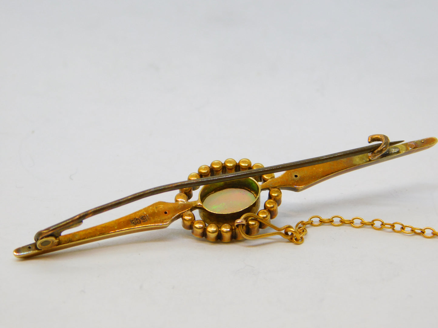 Edwardian 15ct Yellow Gold, Cabochon White Opal & Pearl Brooch Antique c1910
