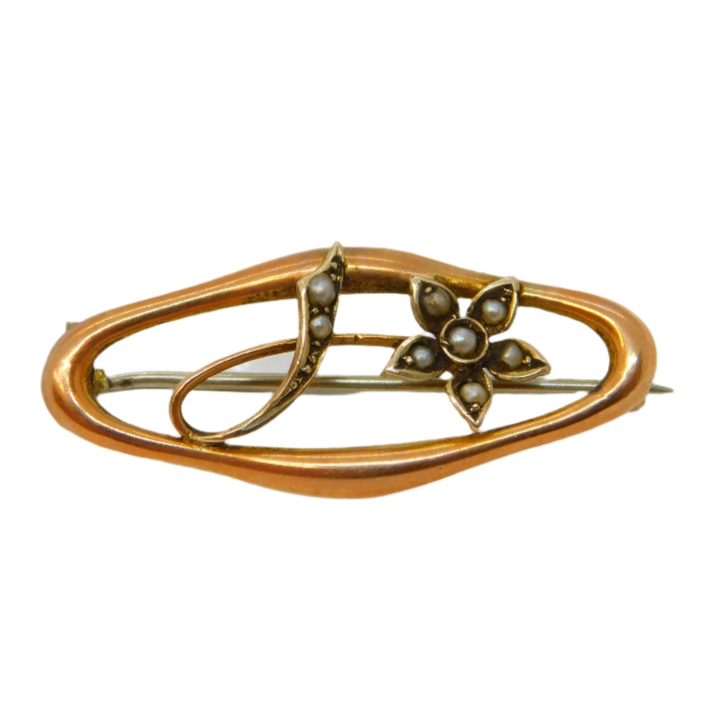 Edwardian 9ct Rose Gold & Seed Pearl 'J' Sweetheart Brooch Antique 1910 Birmingham