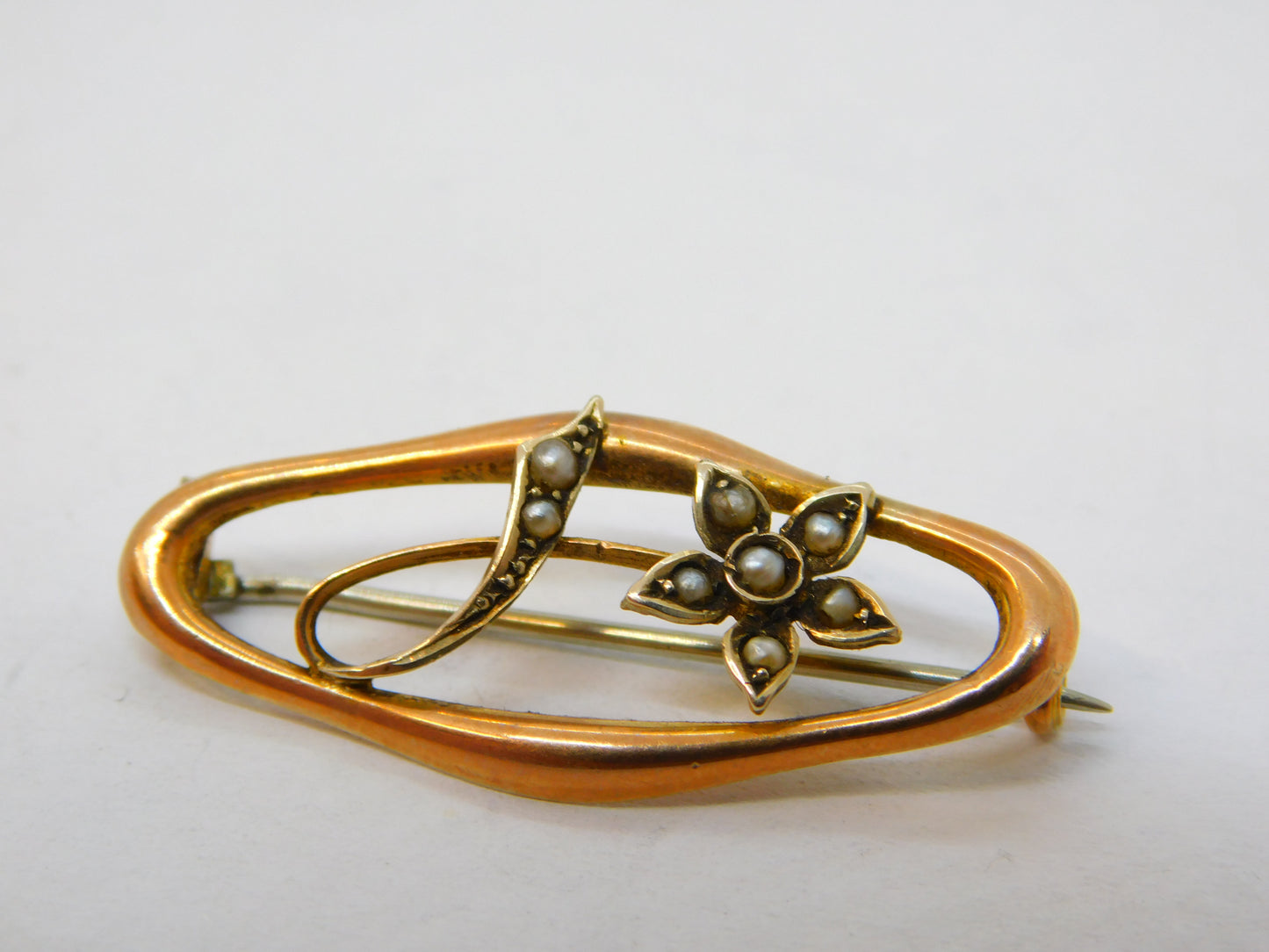 Edwardian 9ct Rose Gold & Seed Pearl 'J' Sweetheart Brooch Antique 1910 Birmingham