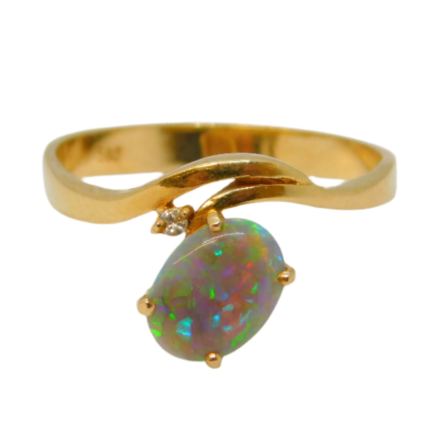 14ct Yellow Gold, White Opal & Diamond Crossover Ring Vintage c1970