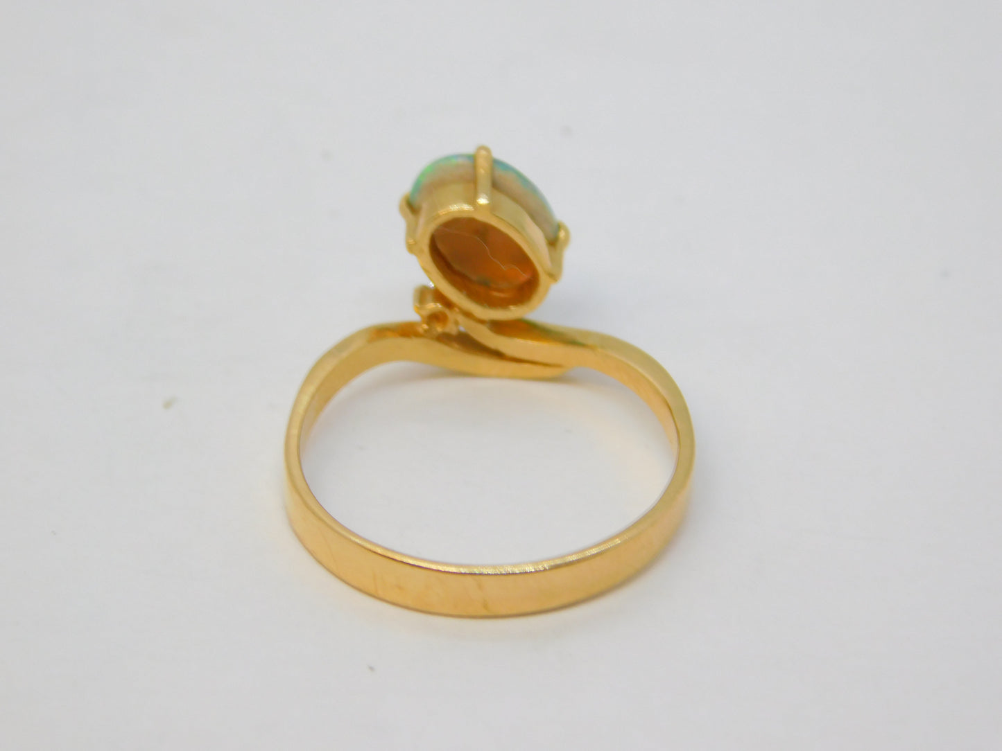 14ct Yellow Gold, White Opal & Diamond Crossover Ring Vintage c1970