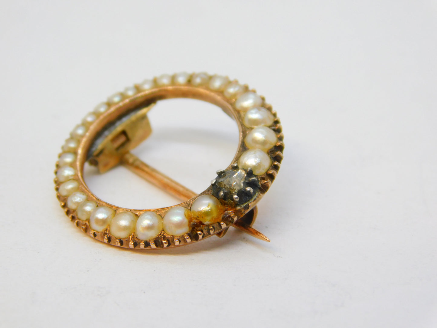 George III 15ct Gold, Old-Cut Diamond & Graduating Pearl Moon Brooch Antique c1820