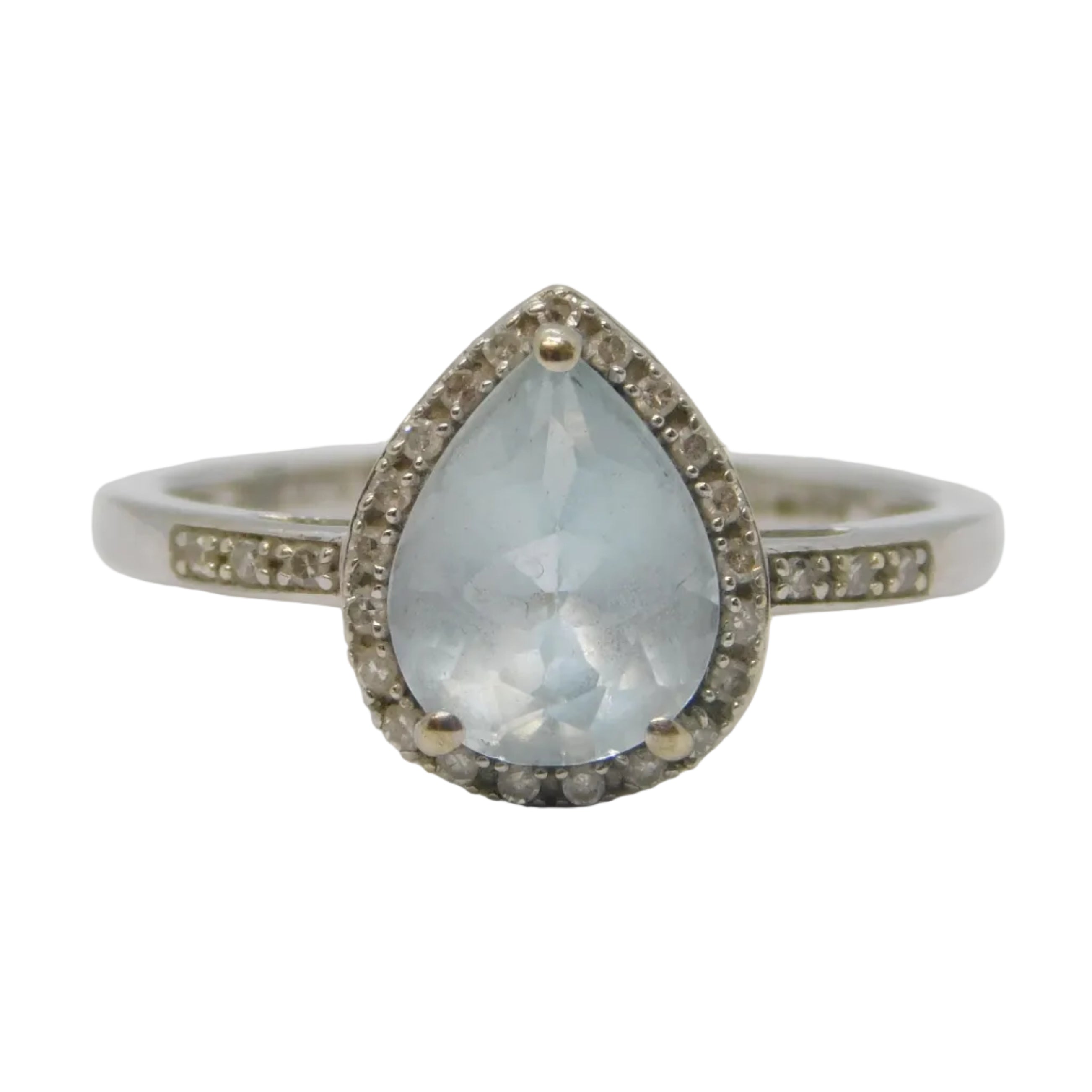9ct White Gold, Pear-Cut Aquamarine & Diamond Dress Ring Vintage Londo Bullionaire Jewellery 9ct White Gold, Pear-Cut Aquamarine & Diamond Dress Ring Vintage Londo Bullionaire Jewellery